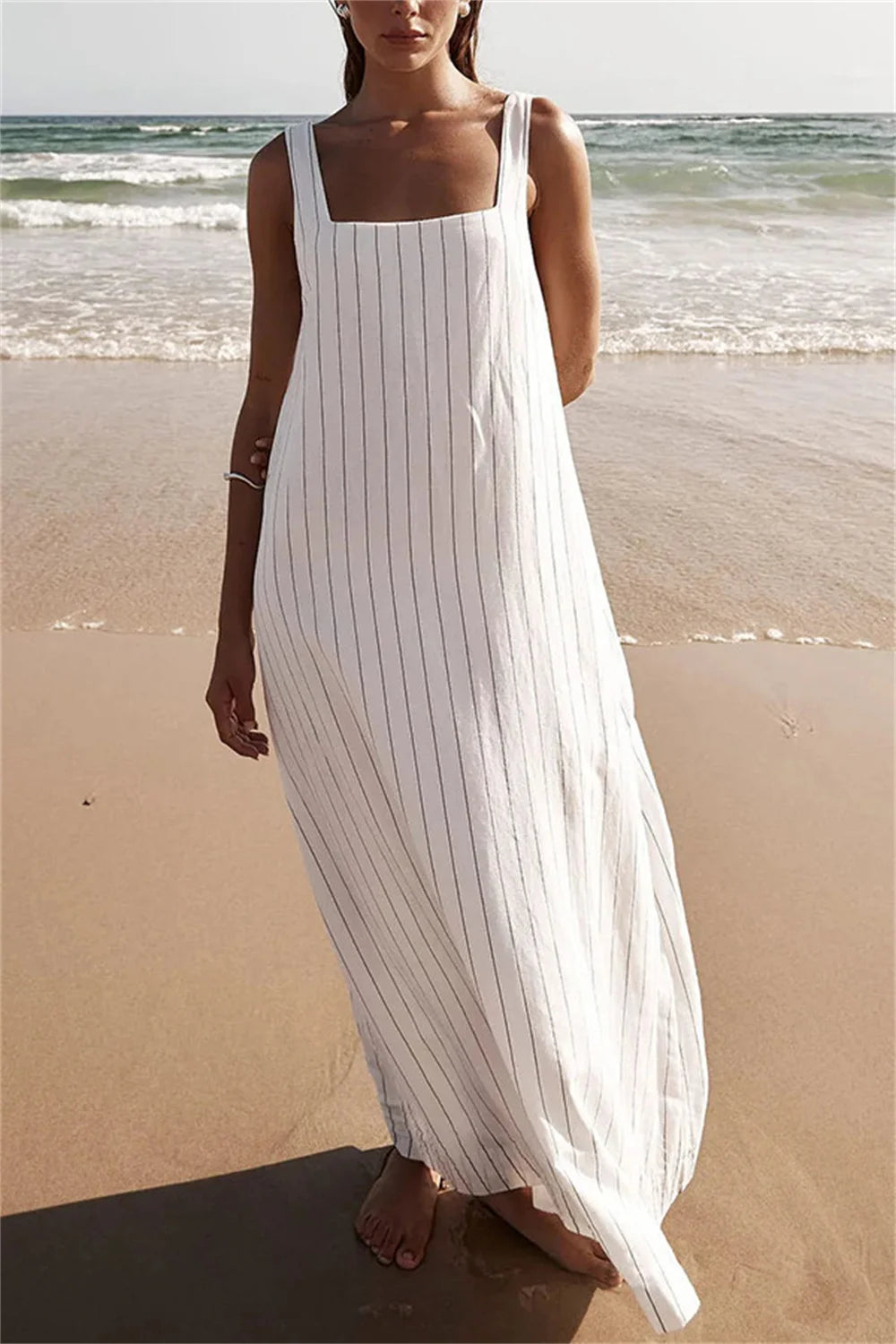 Striped Shoulder Sleeveless Maxi Dress for Women Beach Tank Dresses - Image 3