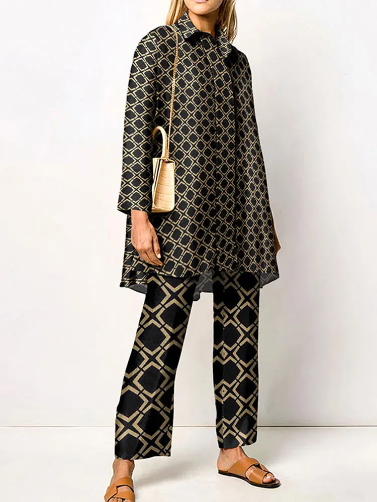 Oversized Long Sleeve Blouse & High Waist Pants Set - Image 2