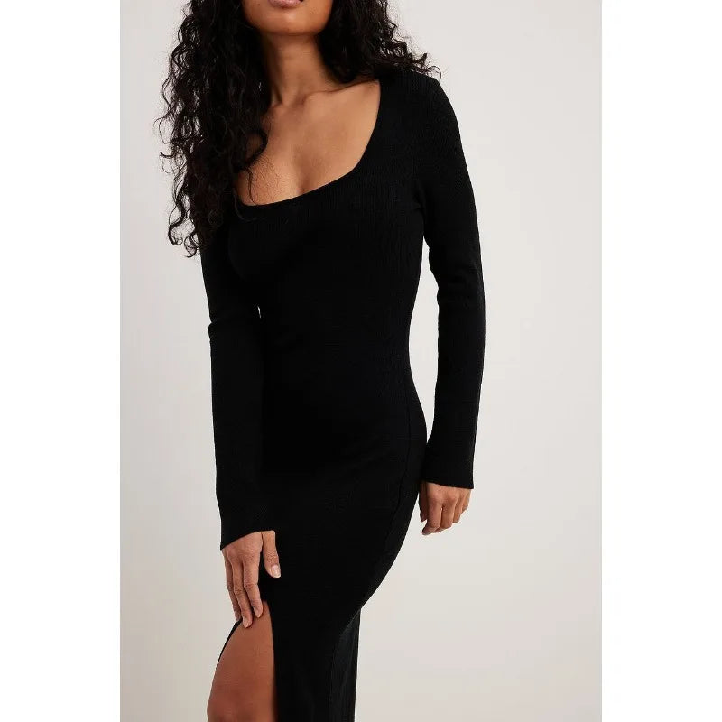 Women's Chic Long Sleeve Scoop Neck Split Bodycon Dress - Image 5
