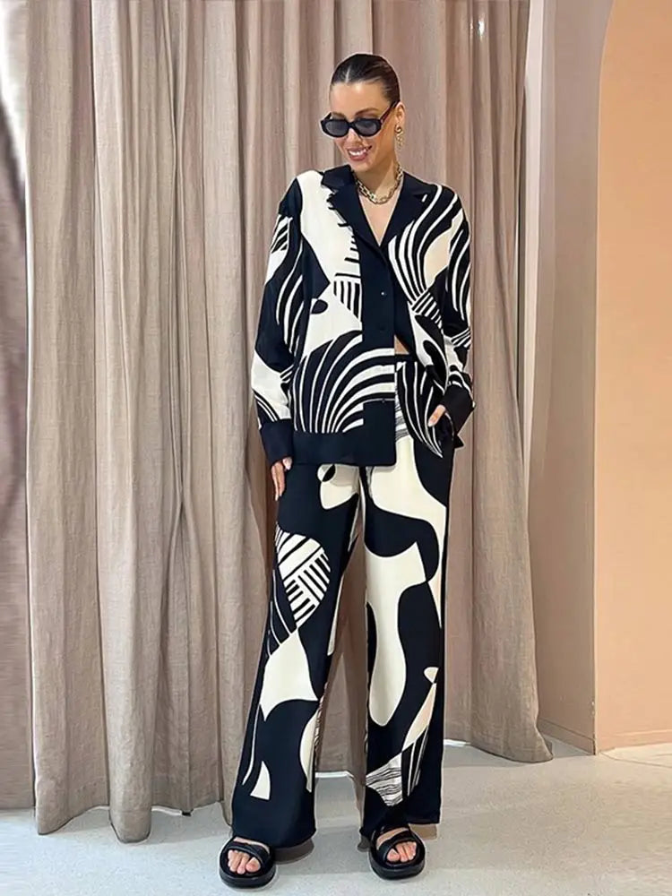 Digital Printed Two-piece Set: Chic Lapel Top & Straight Leg Pants - Image 6