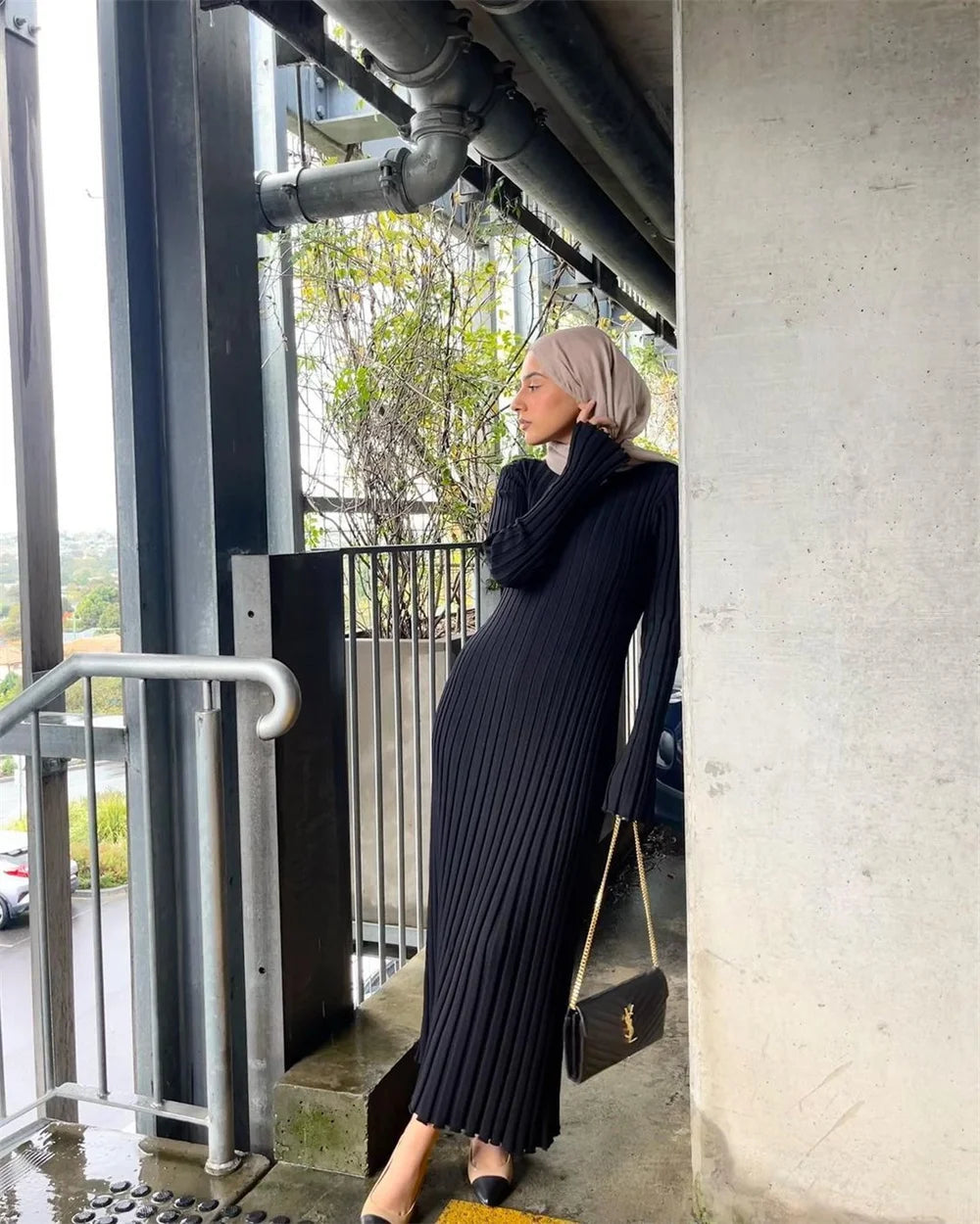 Ribbed Pleated Maxi Dress - Autumn Long Sleeve A-line Dress - Image 3