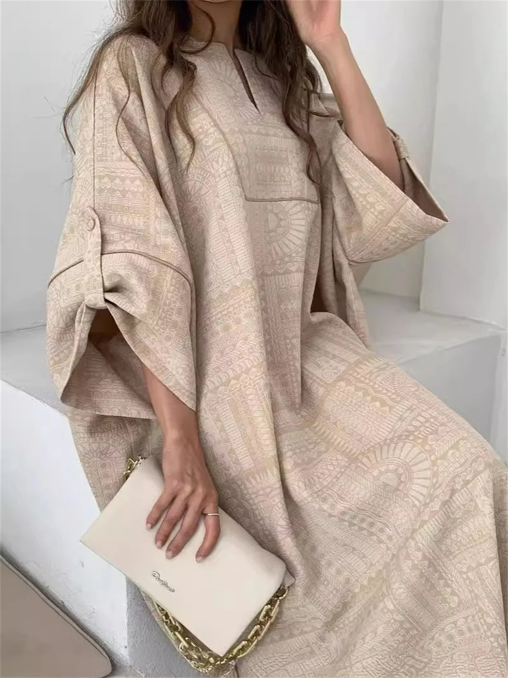Women's Printed Loose Maxi Robe O Neck Half Sleeve - Plus Size Folk Robe - Image 3
