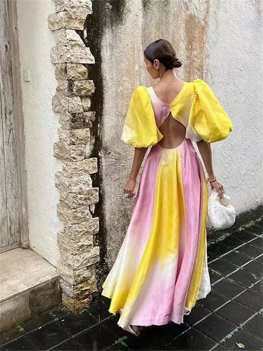 Rainbow Short Sleeve Summer Dress with Deep V-neck - Image 3