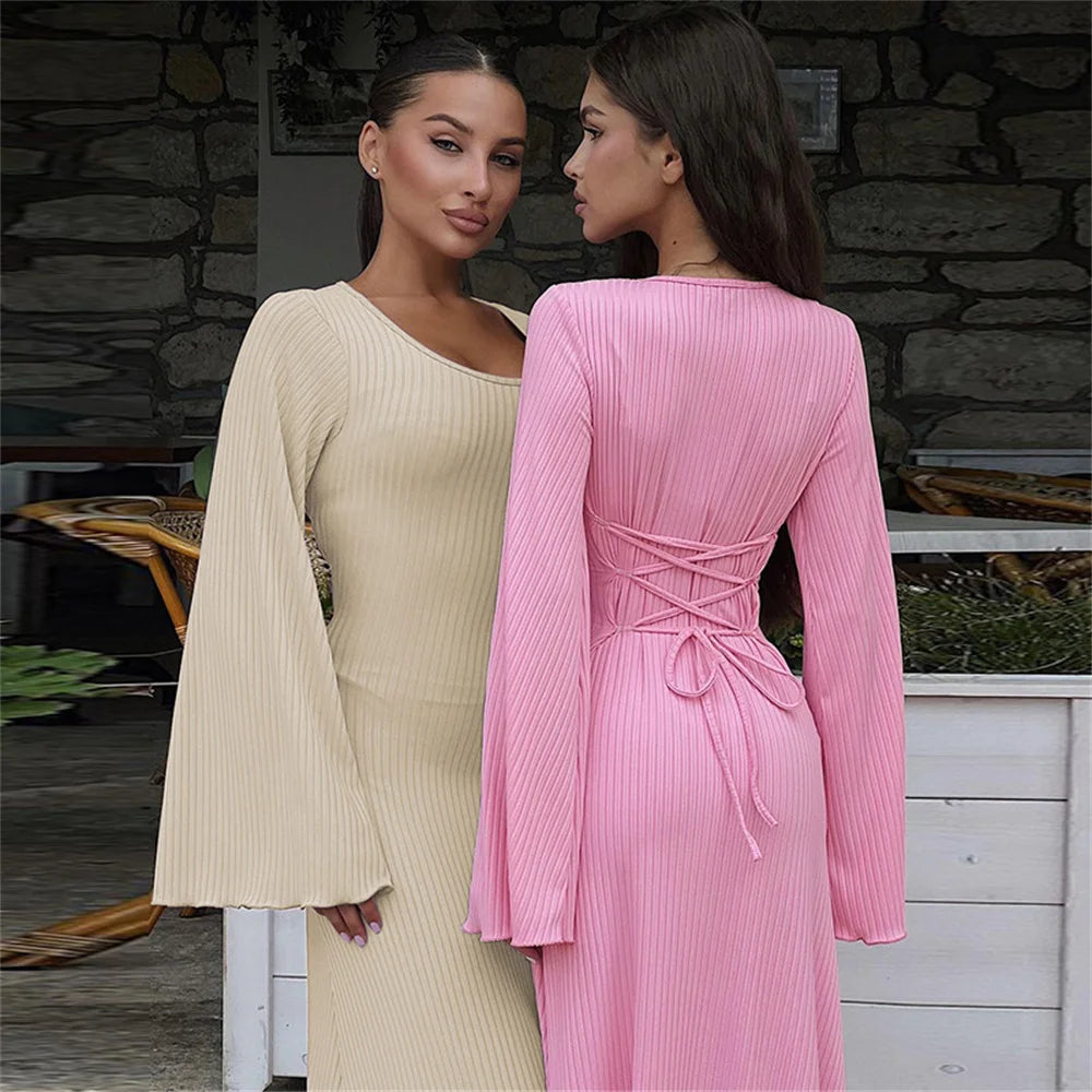 Solid Ribbed Long Sleeve Maxi Dress with Back Lace-Up - Image 3