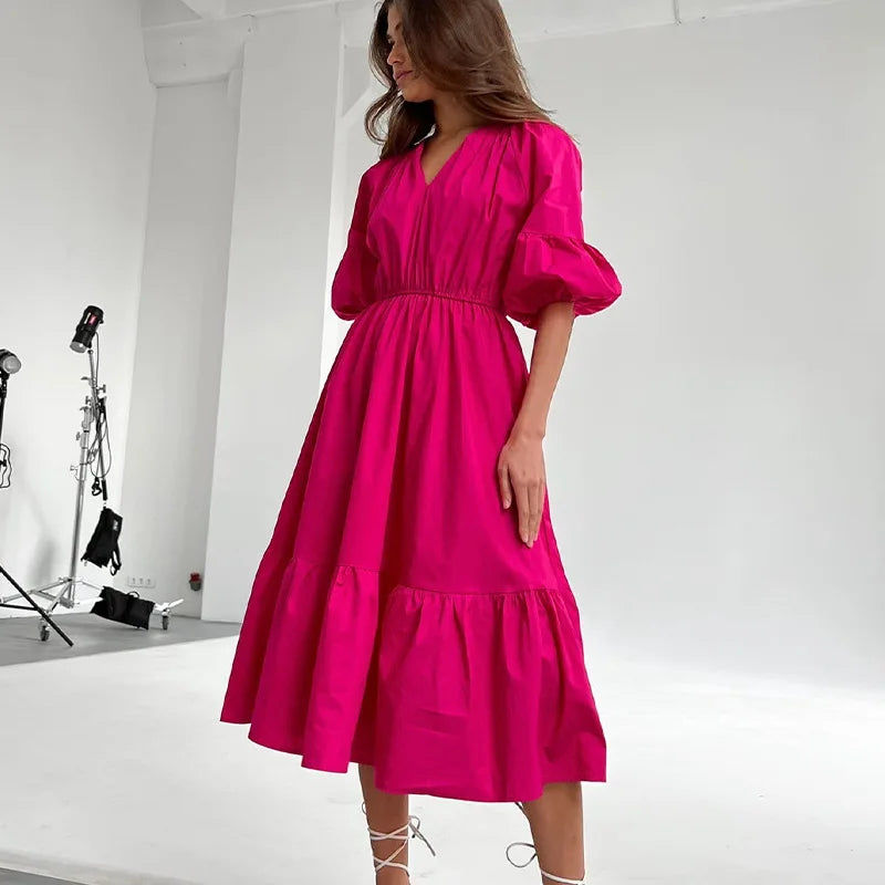 Solid Color Puff-Sleeve V-Neck Midi Dress for Women