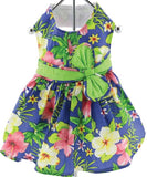 Blue Hawaiian Hibiscus Floral Party Dress with charm and leash for dogs