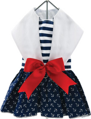 Anchors Away Nautical Striped Navy Blue Harness Party Dress with Charm and matching Leash