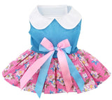 Pink & Blue Denim Floral Party Harness Dress with charm and leash for dogs