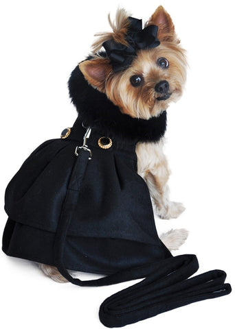 Wool Fur Collar Victorian Harness Jacket with Matching Leash in color Black/Ebony - Daisey's Doggie Chic