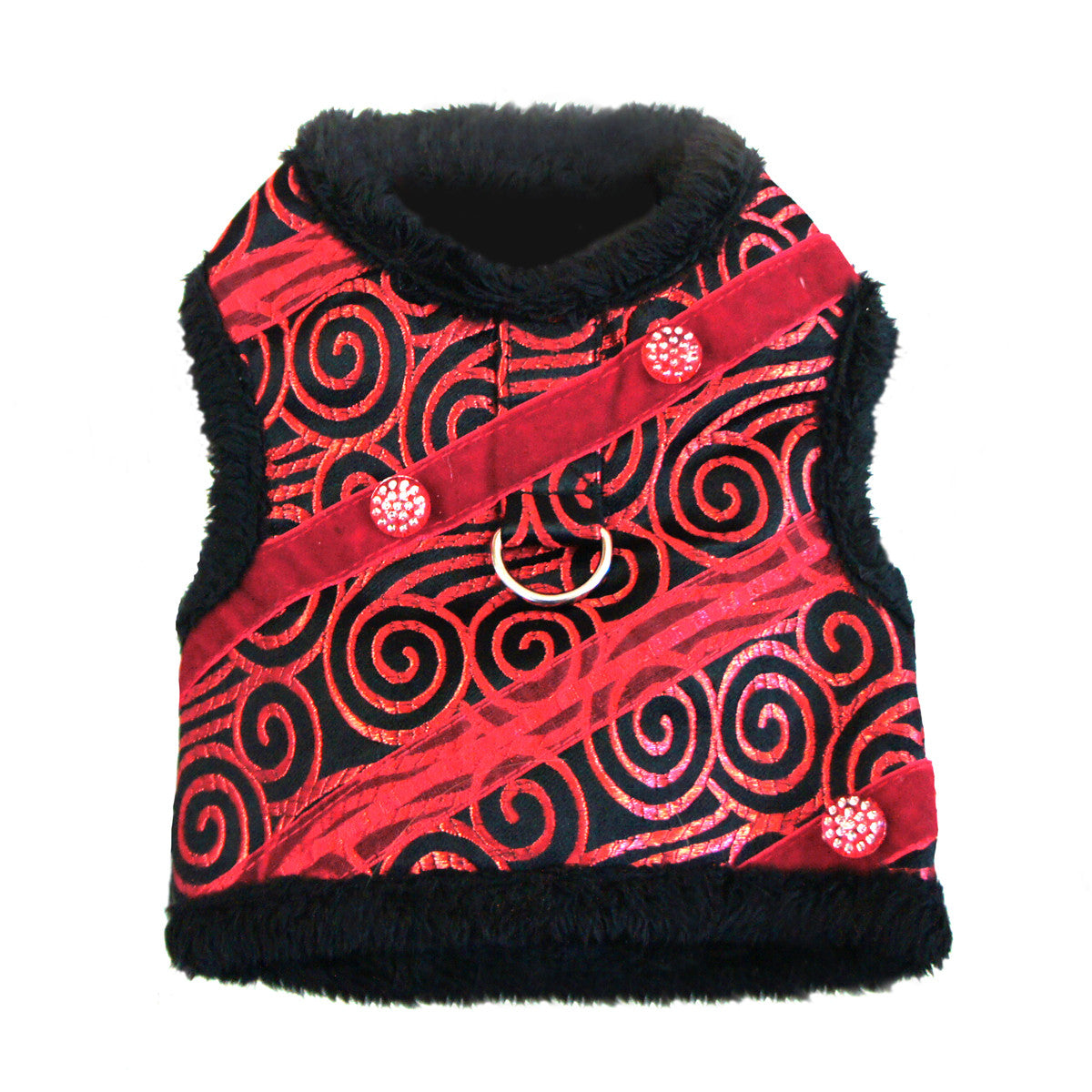 Doggie Design Ruby Black Brocade Jeweled Plush Faux Fur Harness Vest with matching Leash