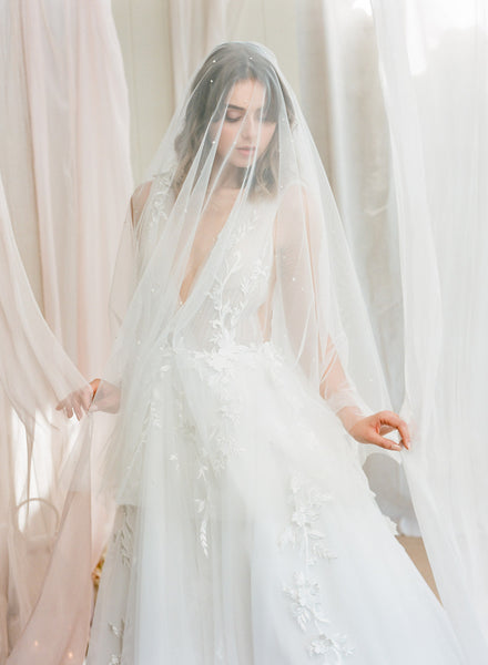 A bride wearing a wedding veil over her face