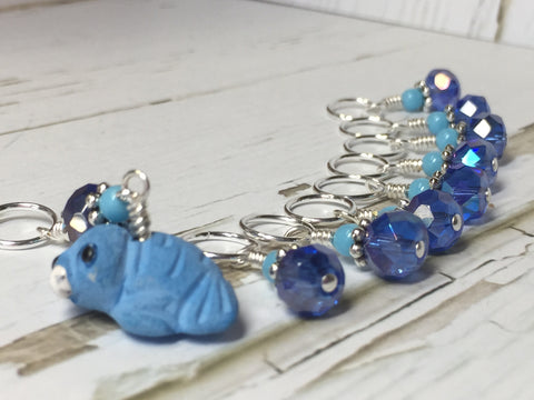 Baby Seal Stitch Marker Set- 9pc. Blue | Jill's Beaded Knit Bits