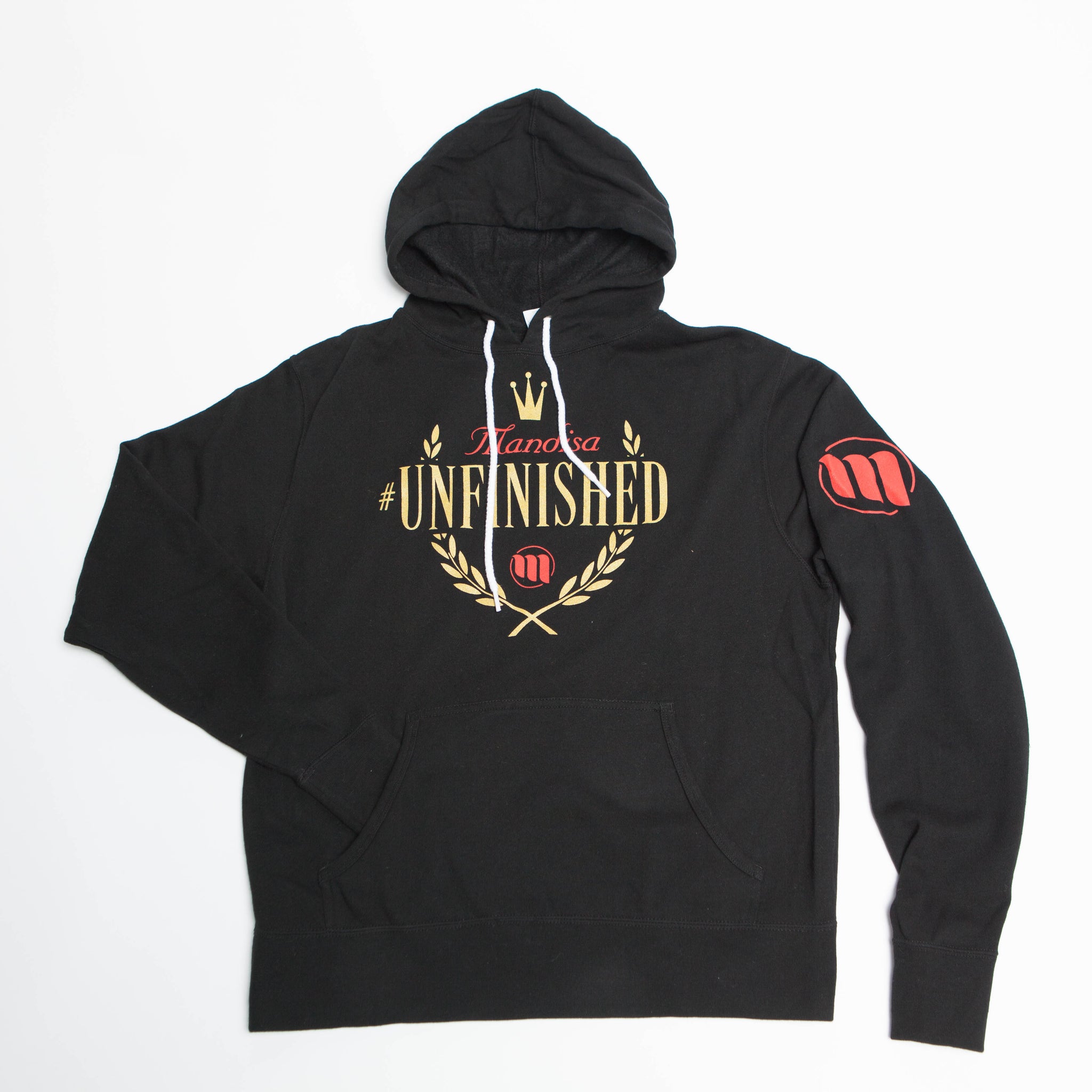 black hoodie with gold writing