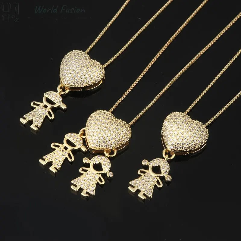 Fashion Jewelry Son Daughter Heart Gold Color Cubic Zirconia Family Girl Boy Pendant Necklace Chain Jewelry For Mother Gift - World Fusion