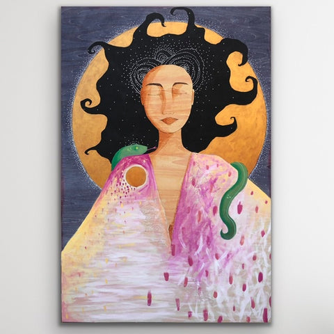 A painting of a woman with wild black hair and her eyes closed. There is a green sleeping snake draped over her shoulders. Behind her is a full, golden moon on a dark blue background. 