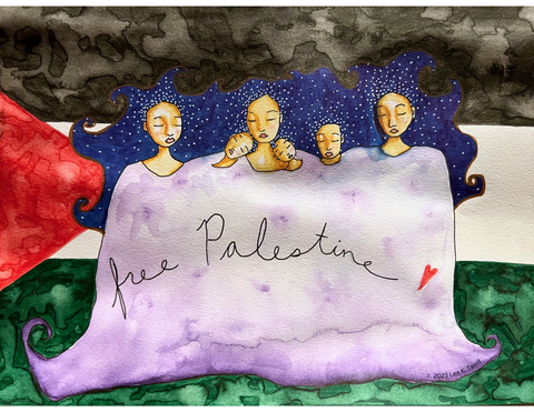 A watercolor image of 3 women and 3 children with the Palestinian flag behind them.  In front of the figures it says "free Palestine" in handwritten script. Painted by artist  Lea K. Tawd c. 2023