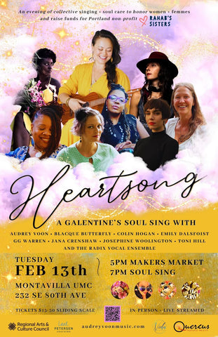 Promotional poster for Heartsong, a Galentine's Day soul sing event on February 13th, 2024 at 5pm.  At the top is a photo of musicians and the bottom shares the details of the event which includes live music and local vendors.