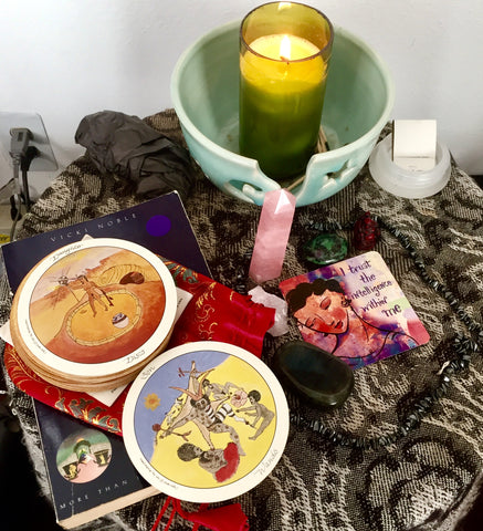 studio altar with Motherpeace round tarot deck