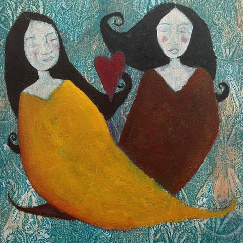 painting by Lea K. Tawd of two white women with black hair.  Their bodies are amorphic shapes with a curl at the bottom.  The one on the left is yellow with an orange shadow and the one on the right is a burnt sienna.  The background it teal with a textured pattern on it.  There is a red heart between the two women.