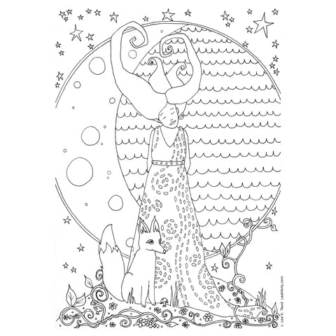 free coloring page for adults or kids woman with moon, fox, flowers and waves