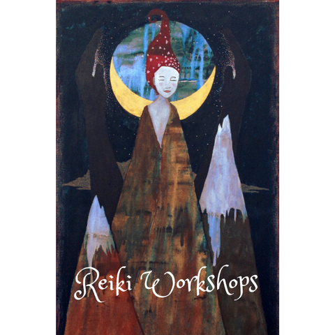 Painting by Lea K. Tawd depicting 3 mountaintops--the one in the middle has a woman's face at the top.  Behind her is a crescent moon and two dark hands barely visible in the night sky, with white dots surrounding them.  Below is text reading, "Reiki Workshops."