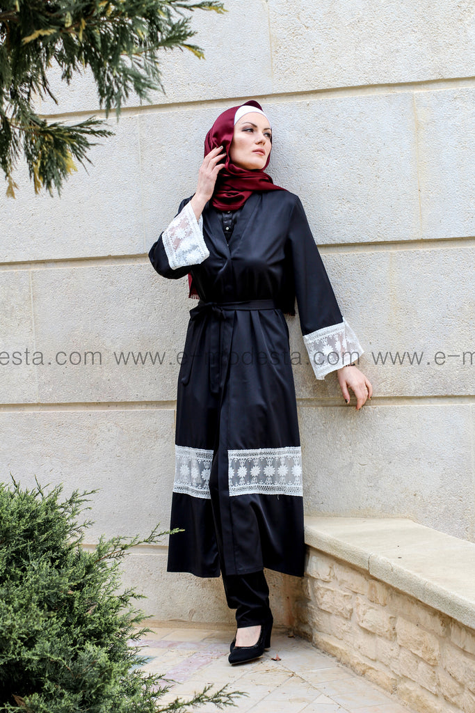 black abaya with white lace