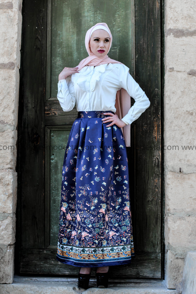 blue skirt and white shirt