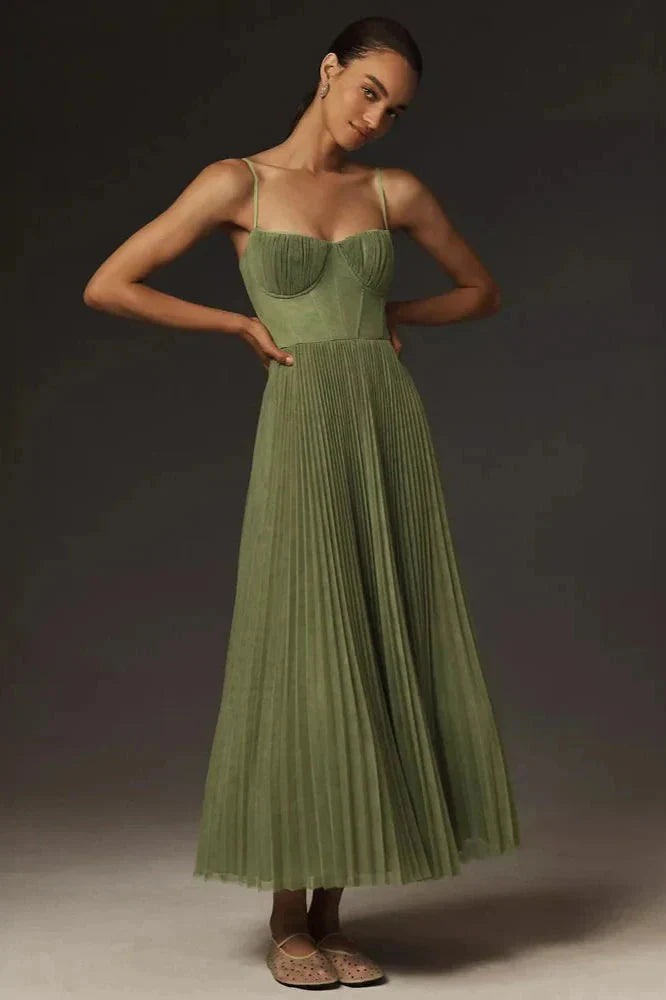 Product image showing the elegant pleated fit & flare midi dress