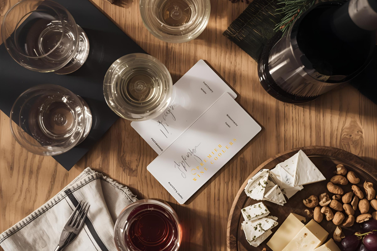 Wine tasting setup with glasses, tasting sheets, and dump bucket