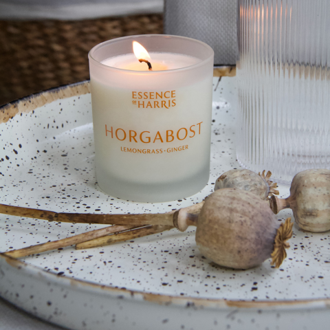 Horgabost - lit lemongrass and ginger candle on a plate