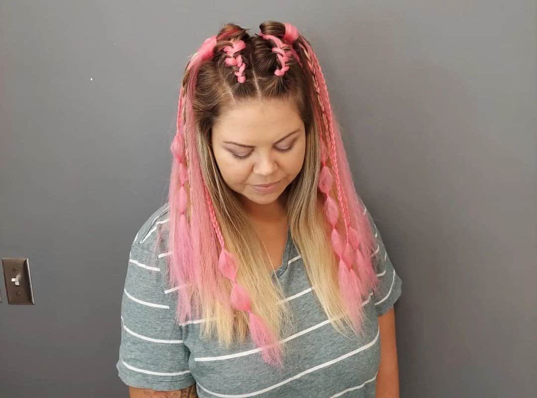 girl with brown and pink braids hairstyle