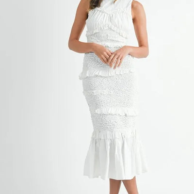 Picture of MABLE Ruffled Popcorn Smocked Mermaid Midi Dress