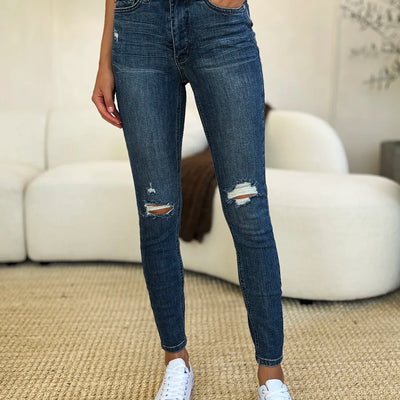 Picture of Judy Blue Full Size Mid Waist Distressed Slim Jeans