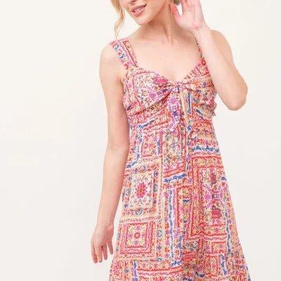 Picture of And The Why Tied Front Smocked Back Tiered Boho Printed Dress