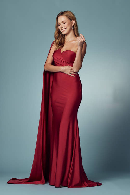 Party Cocktail One Shoulder Drape Sleeve Mermaid Long Evening Dress-2