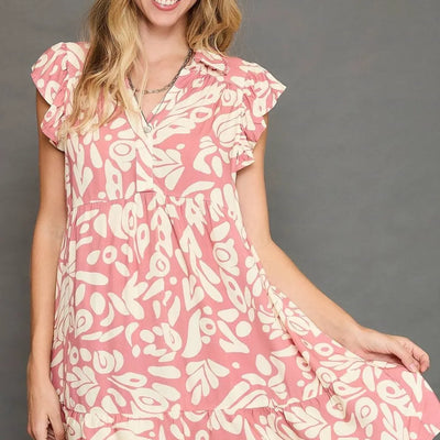 Picture of Umgee Full Size Two Tone Printed Ruffled Cap Sleeve Mini Dress Plus Size