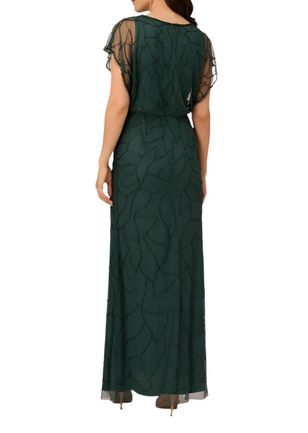 Adrianna Papell V-neck Dolman Sleeve Blouson Zipper Closure Beaded Mesh Gown-1