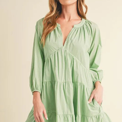 Picture of Aemi + Co Notched Balloon Sleeve Tiered Mini Dress