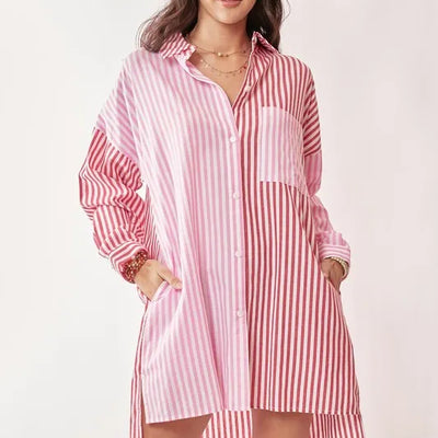 Picture of Davi & Dani Multi Color Stripe Mixed Button Front Tunic Shirt Dress