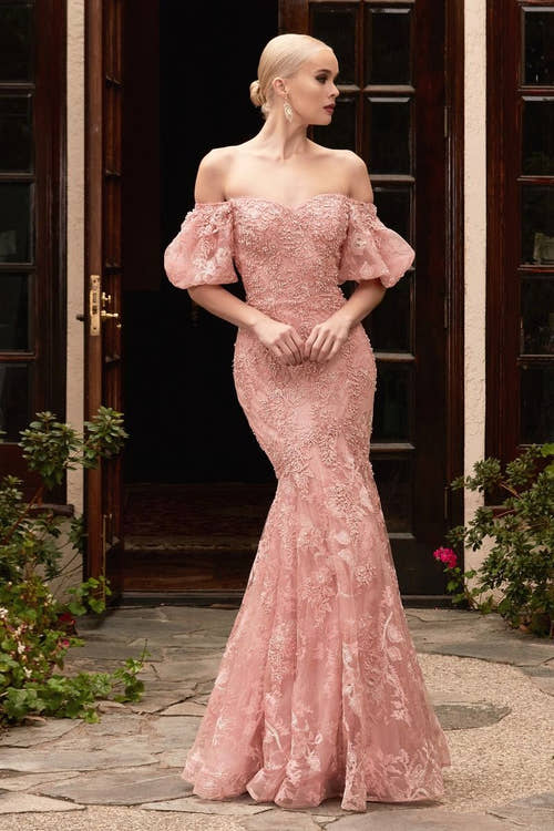 Off Shoulder Mermaid Embellished Flowers Mid Back Short Puff Sleeves Long Prom & Bridesmaid Dress-0