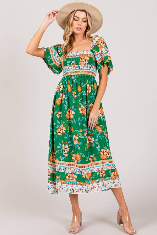 SAGE + FIG Printed Smocked Short Sleeve Midi Dress-0