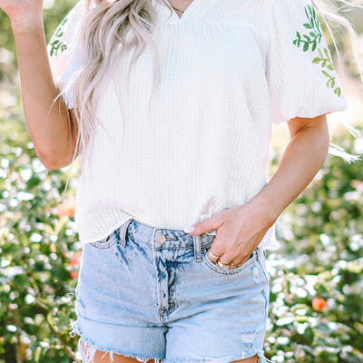 Picture of Priscilla Embroidered Puff Sleeve Notched Neck Blouse