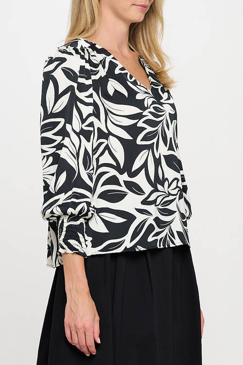 Satin Print V neck Top with Smock Cuffed Sleeve-2