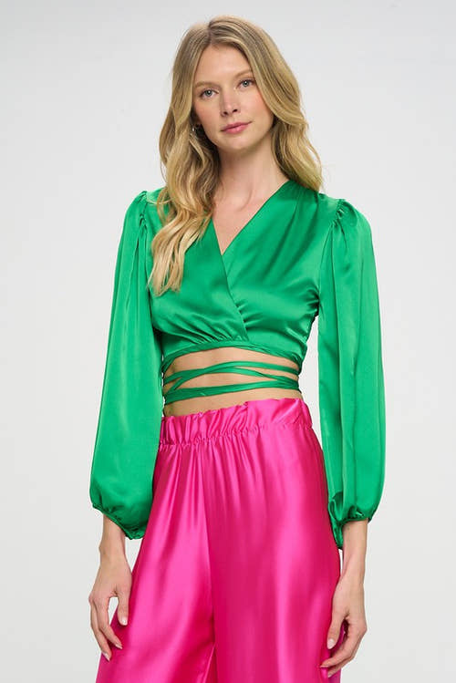 Silky Satin Wrap Crop Top with Tie-1