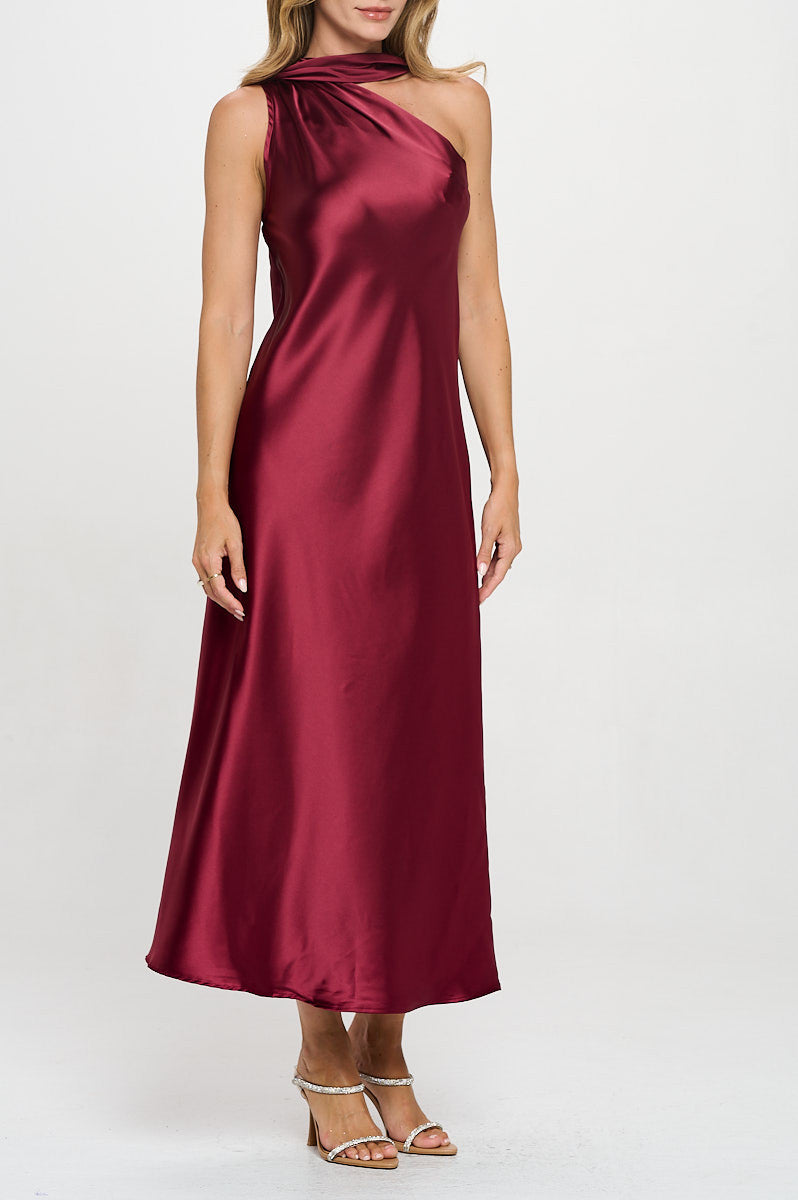 One Shoulder Satin Maxi Dress with Scarf Detail-2