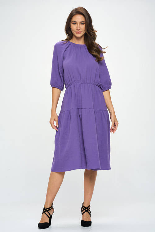 Cotton 3/4 Sleeve Tiered Midi Dress-1