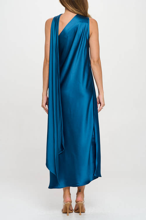 One Shoulder Satin Maxi Dress with Scarf Detail-5