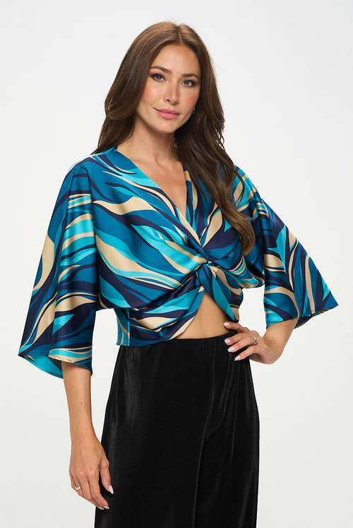 Multi Print Satin Mid Sleeve Top with Front Twist-0