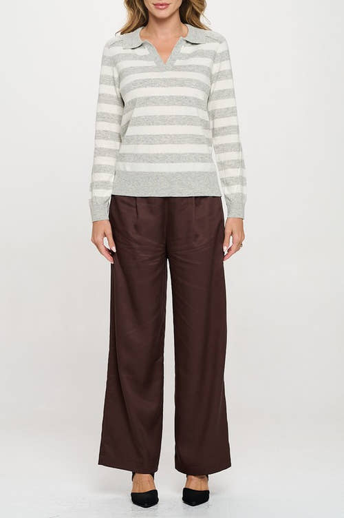 Striped Knit Polo Collar neck Long Sleeve Top-1