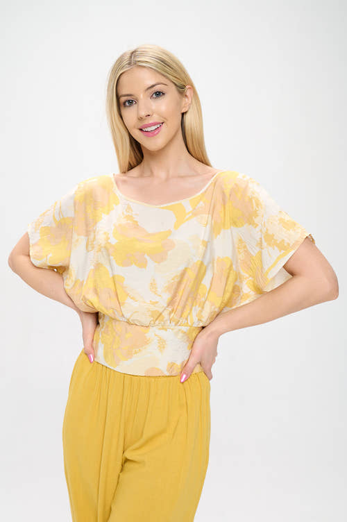 Floral Print Short Sleeve Top with Smock Hem-0